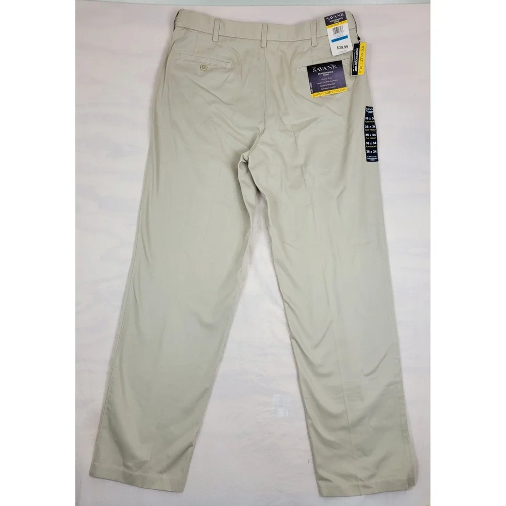 Savane Performance Chino Mens 36x34 Alabaster Beige Flat Front S9SB0029 NWT